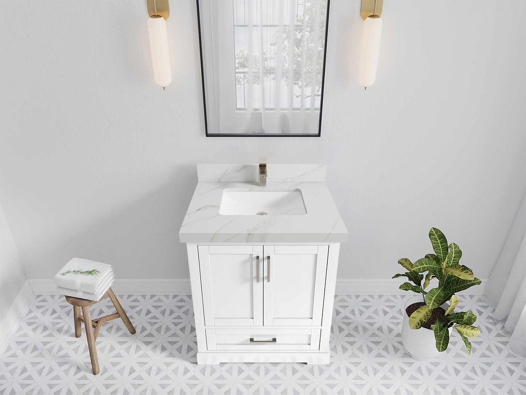 Boston 30 in. W x 22 in. D Single Sink Bathroom Vanity in White with 2 in Calacatta Sienna Quartz Countertop - Top View