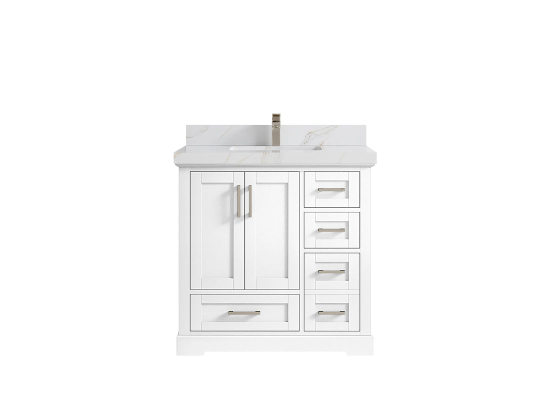 Boston 36 in. W x 22 in. D Single Sink Bathroom Vanity in White with 2 in Calacatta Sienna Quartz Countertop