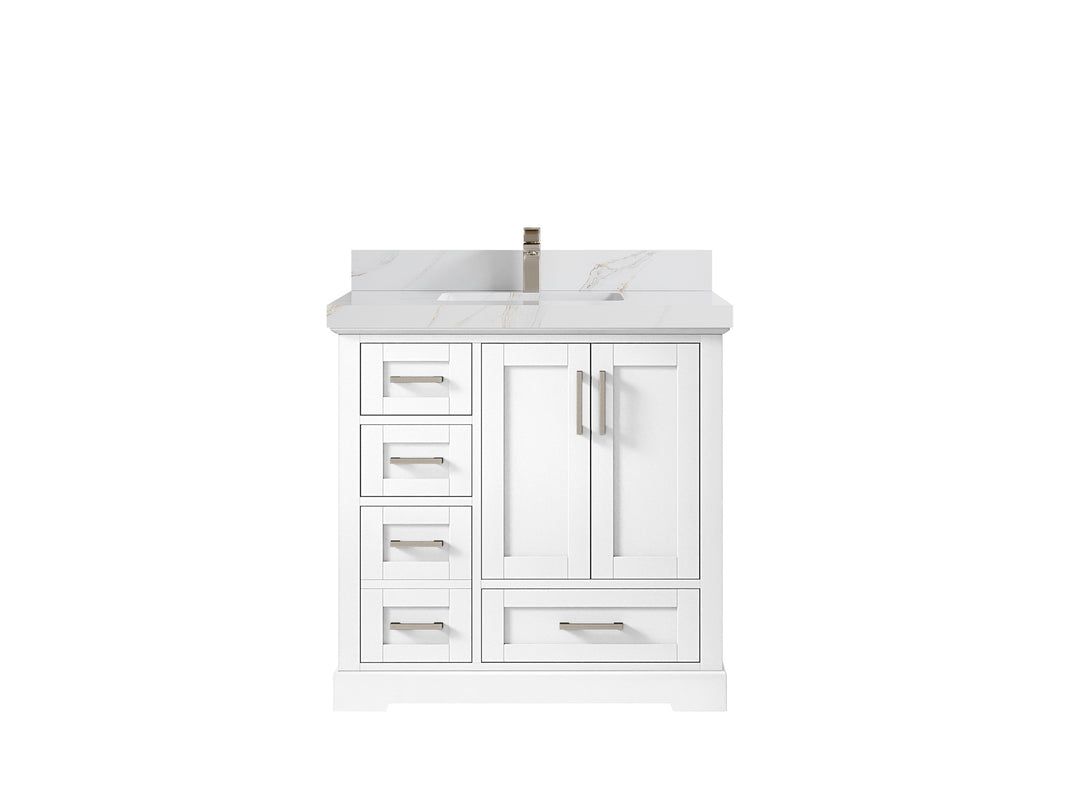 Boston 36 in. W x 22 in. D Single Sink Bathroom Vanity in White with 2 in Calacatta Sienna Quartz Countertop