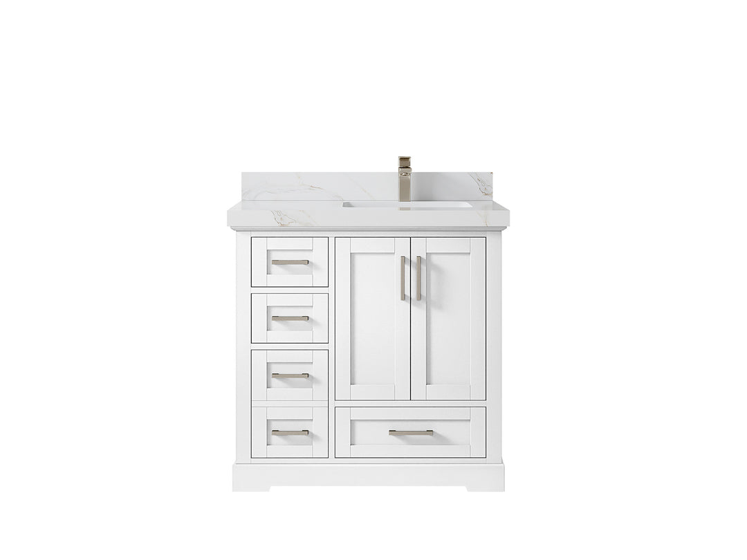 Boston 36 in. W x 22 in. D Single Sink Bathroom Vanity in White with 2 in Calacatta Sienna Quartz Countertop