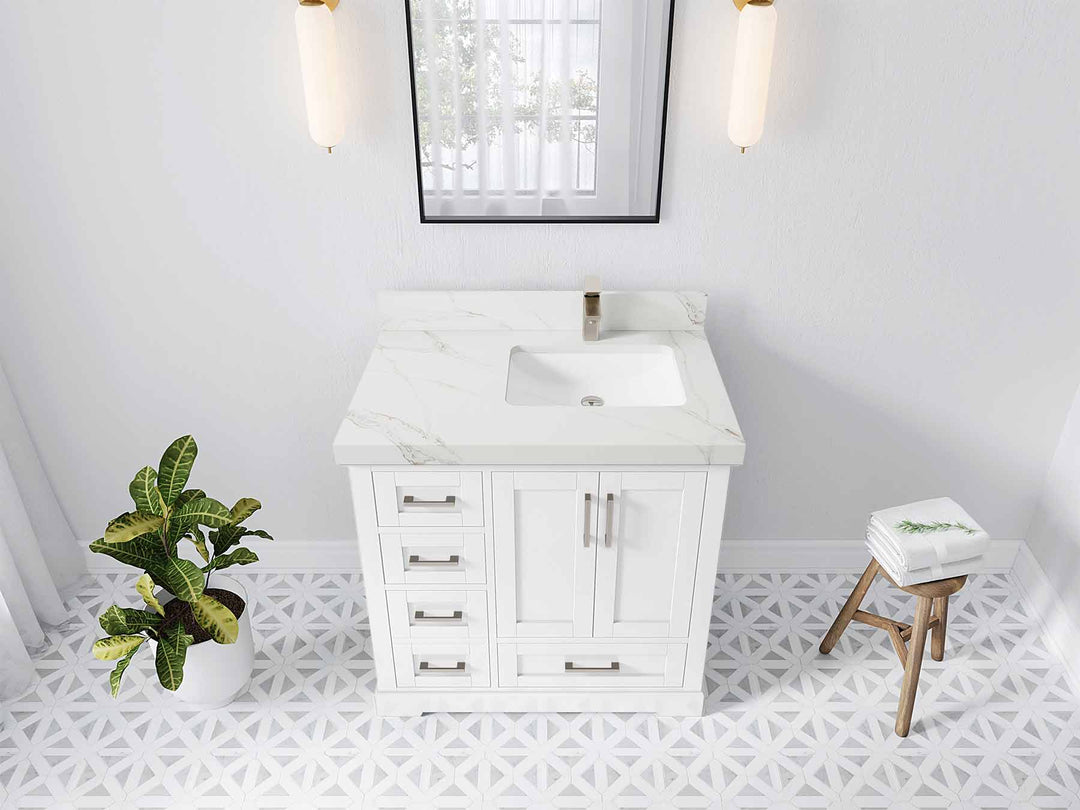 Boston 36 in. W x 22 in. D Single Sink Bathroom Vanity in White with 2 in Calacatta Sienna Quartz Countertop - Top View