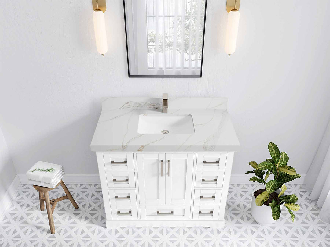 Boston 42 in. W x 22 in. D Single Sink Bathroom Vanity in White with 2 in Calacatta Sienna Quartz Countertop - Top View