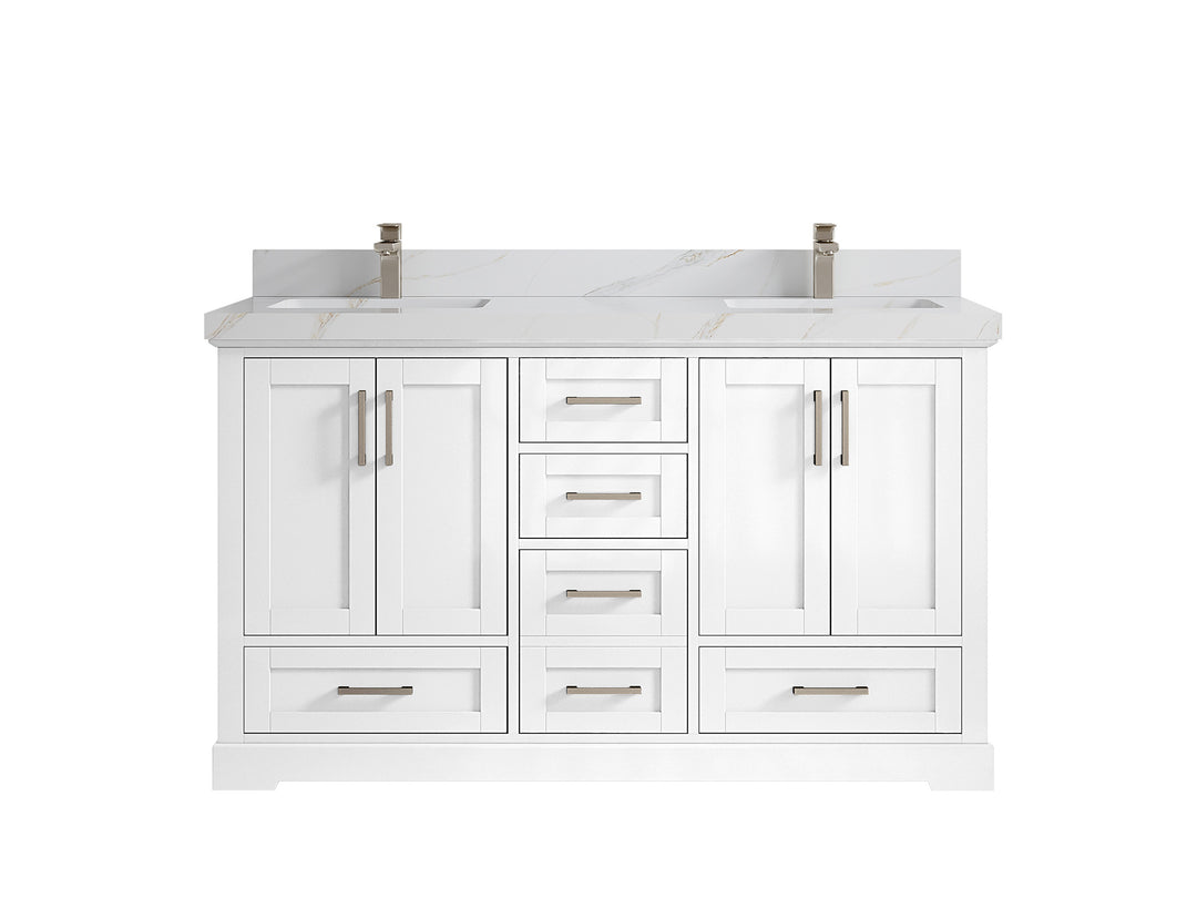 Boston 60 in. W x 22 in. D Double Sink Bathroom Vanity in White with 2 in Calacatta Sienna Quartz Countertop