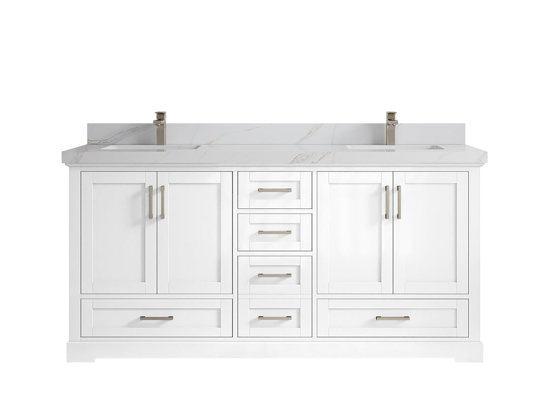 Boston 72 in. W x 22 in. D Double Sink Bathroom Vanity in White with 2 in Calacatta Sienna Quartz Countertop