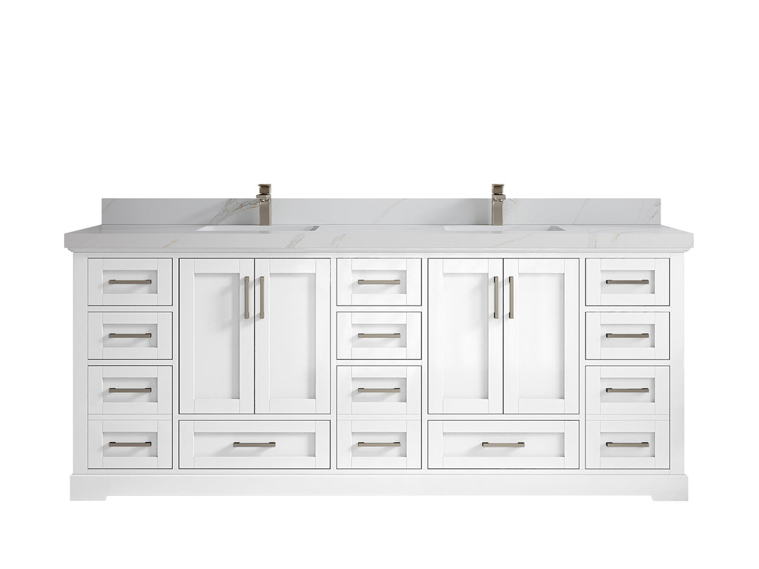 Boston 84 in. W x 22 in. D Double Sink Bathroom Vanity in White with 2 in Calacatta Sienna Quartz Countertop