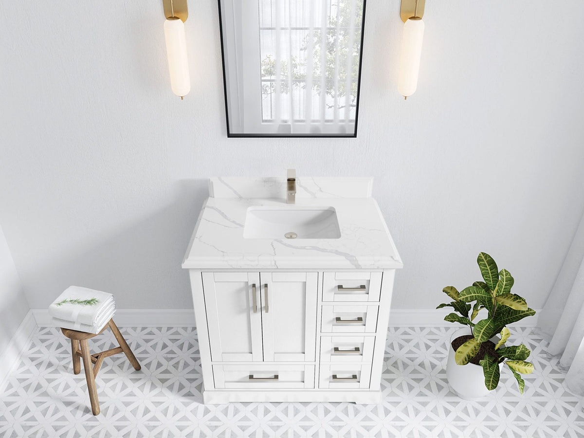 Boston 36 in. W x 22 in. D Single Sink Bathroom Vanity in White with 1.5 in Double Cove Edge Calacatta Laza Quartz Countertop - Top View