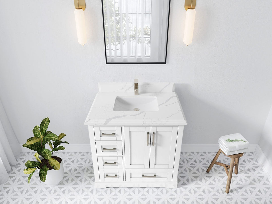 Boston 36 in. W x 22 in. D Single Sink Bathroom Vanity in White with 1.5 in Double Cove Edge Calacatta Laza Quartz Countertop - Top View