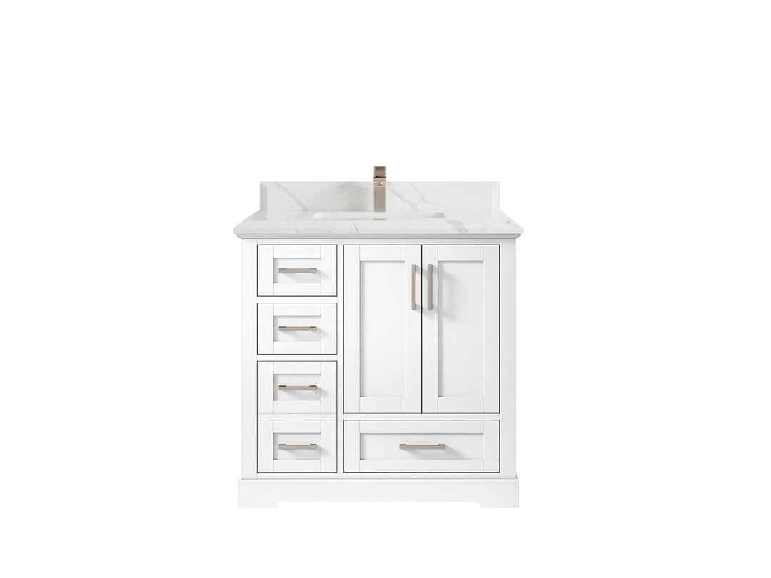 Boston 36 in. W x 22 in. D Single Sink Bathroom Vanity in White with 1.5 in Double Cove Edge Calacatta Laza Countertop