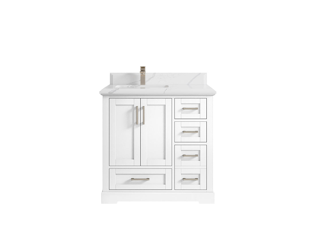 Boston 36 in. W x 22 in. D Single Sink Bathroom Vanity in White with 1.5 in Double Cove Edge Calacatta Laza Countertop
