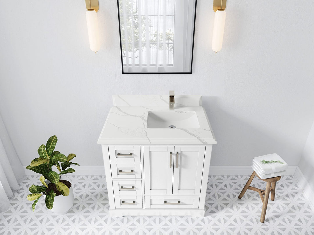 Boston 36 in. W x 22 in. D Single Sink Bathroom Vanity in White with 1.5 in Double Cove Edge Calacatta Laza Quartz Countertop - Top View