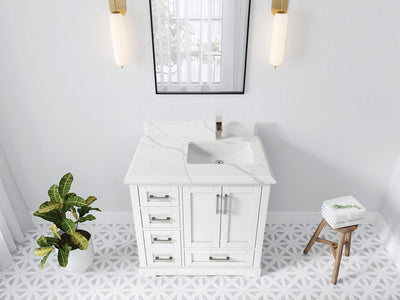 Boston 36 in. W x 22 in. D Single Sink Bathroom Vanity in White with 1.5 in Double Cove Edge Calacatta Laza Quartz Countertop