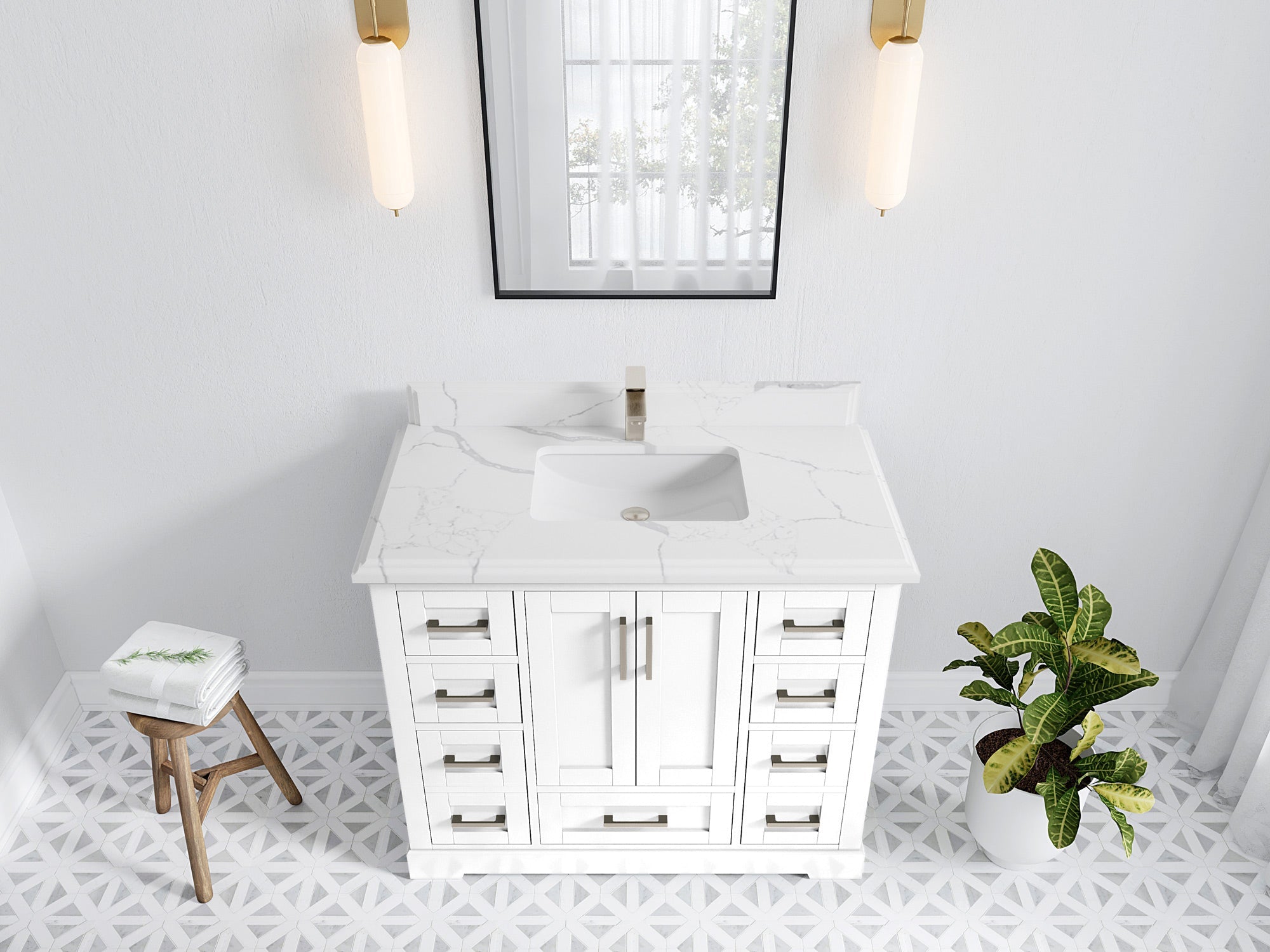 Boston 42 in. W x 22 in. D Single Sink Bathroom Vanity in White with 1.5 in Double Cove Edge Calacatta Laza Quartz Countertop - Top View