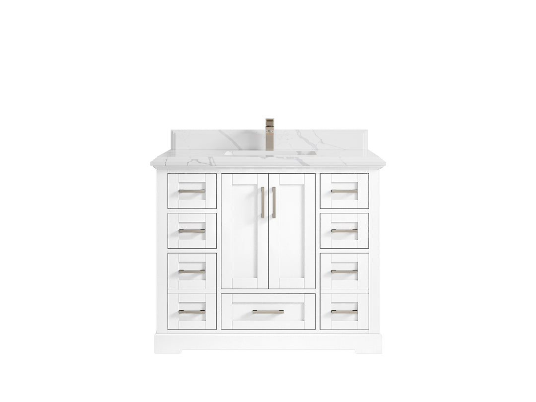 Boston 42 in. W x 22 in. D Single Sink Bathroom Vanity in White with 1.5 in Double Cove Edge Calacatta Laza Countertop