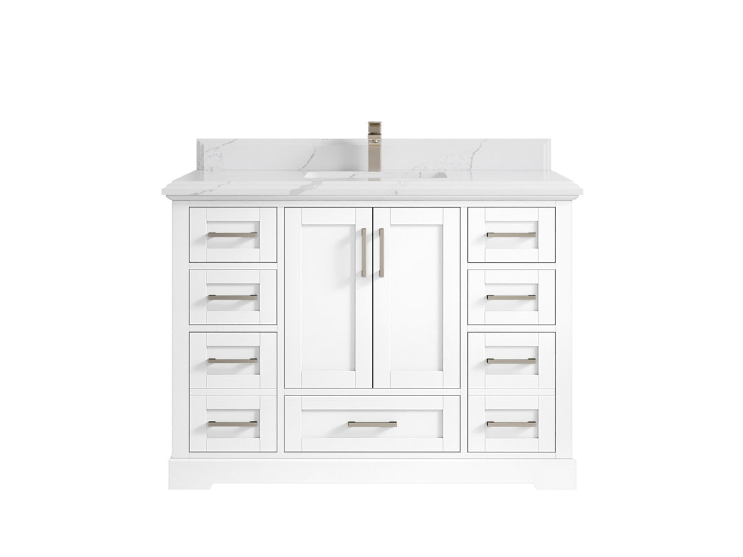 Boston 48 in. W x 22 in. D Single Sink Bathroom Vanity in White with 1.5 in Double Cove Edge Calacatta Laza Quartz Countertop