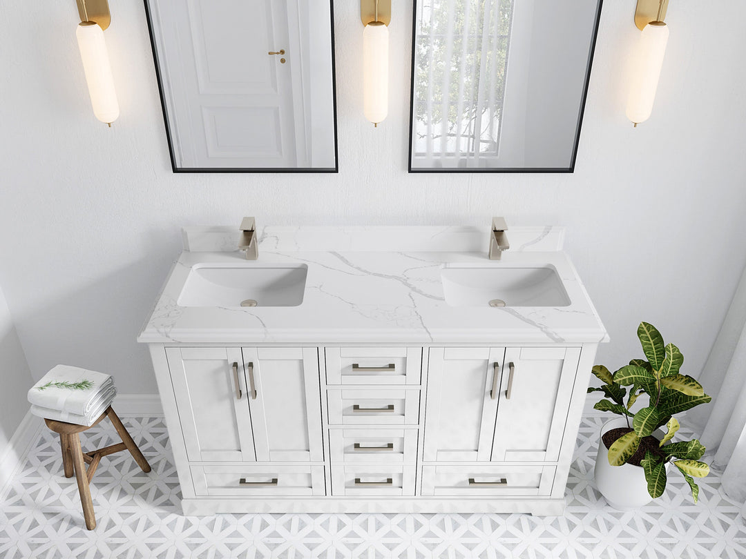 Boston 60 in. W x 22 in. D Double Sink Bathroom Vanity in White with 1.5 in Double Cove Edge Calacatta Laza Quartz Countertop - Top View