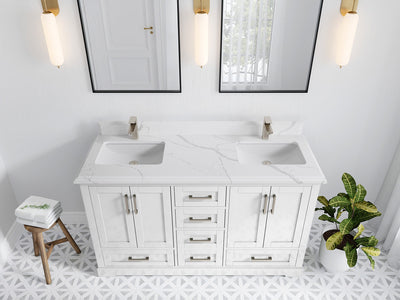 Boston 60 in. W x 22 in. D Double Sink Bathroom Vanity in White with 1.5 in Double Cove Edge Calacatta Laza Quartz Countertop - Top View