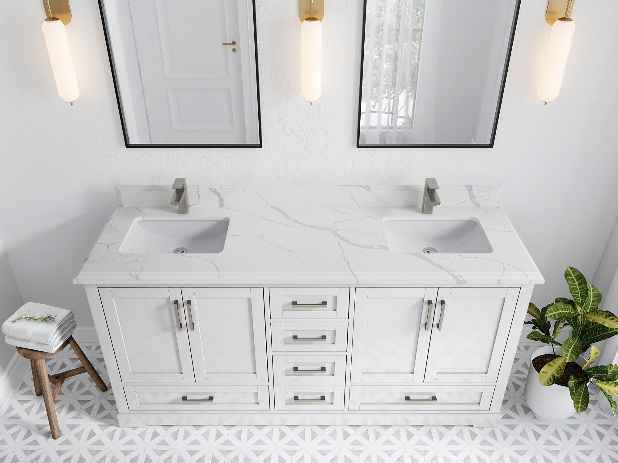 Boston 72 in. W x 22 in. D Double Sink Bathroom Vanity in White with 1.5 in Double Cove Edge Calacatta Laza Quartz Countertop - Top View