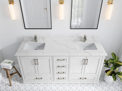 Boston 72 in. W x 22 in. D Double Sink Bathroom Vanity in White with 1.5 in Double Cove Edge Calacatta Laza Quartz Countertop - Top View