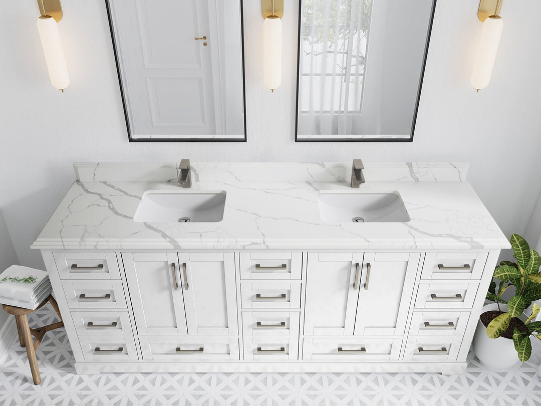 Boston 84 in. W x 22 in. D Double Sink Bathroom Vanity in White with 1.5 in Double Cove Edge Calacatta Laza Quartz Countertop - Top View