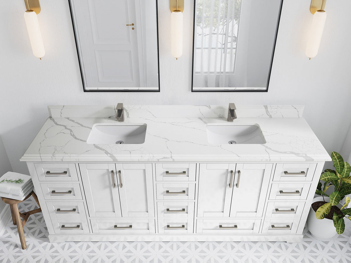 Boston 84 in. W x 22 in. D Double Sink Bathroom Vanity in White with 1.5 in Double Cove Edge Calacatta Laza Quartz Countertop - Top View