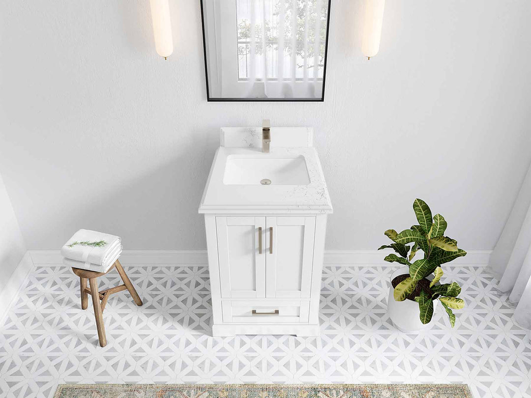 Boston 24 in. W x 22 in. D Single Sink Bathroom Vanity in White with 1.5 in Double Cove Edge Empira White Quartz Countertop - Top View