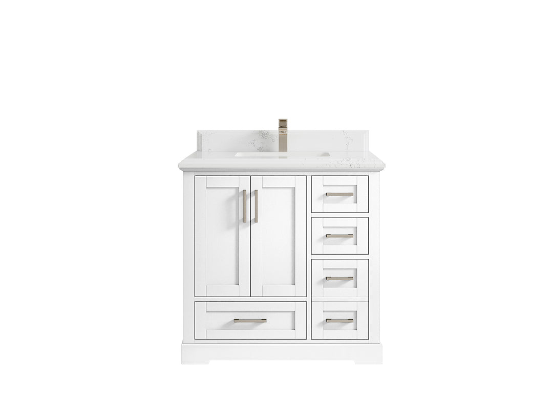 Boston 36 in. W x 22 in. D Single Sink Bathroom Vanity in White with 1.5 in Double Cove Edge Empira White Quartz Countertop