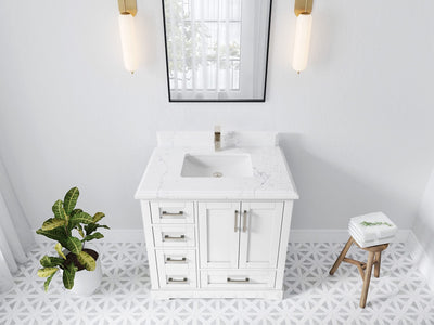Boston 36 in. W x 22 in. D Single Sink Bathroom Vanity in White with 1.5 in Double Cove Edge Empira White Quartz Countertop - Top View