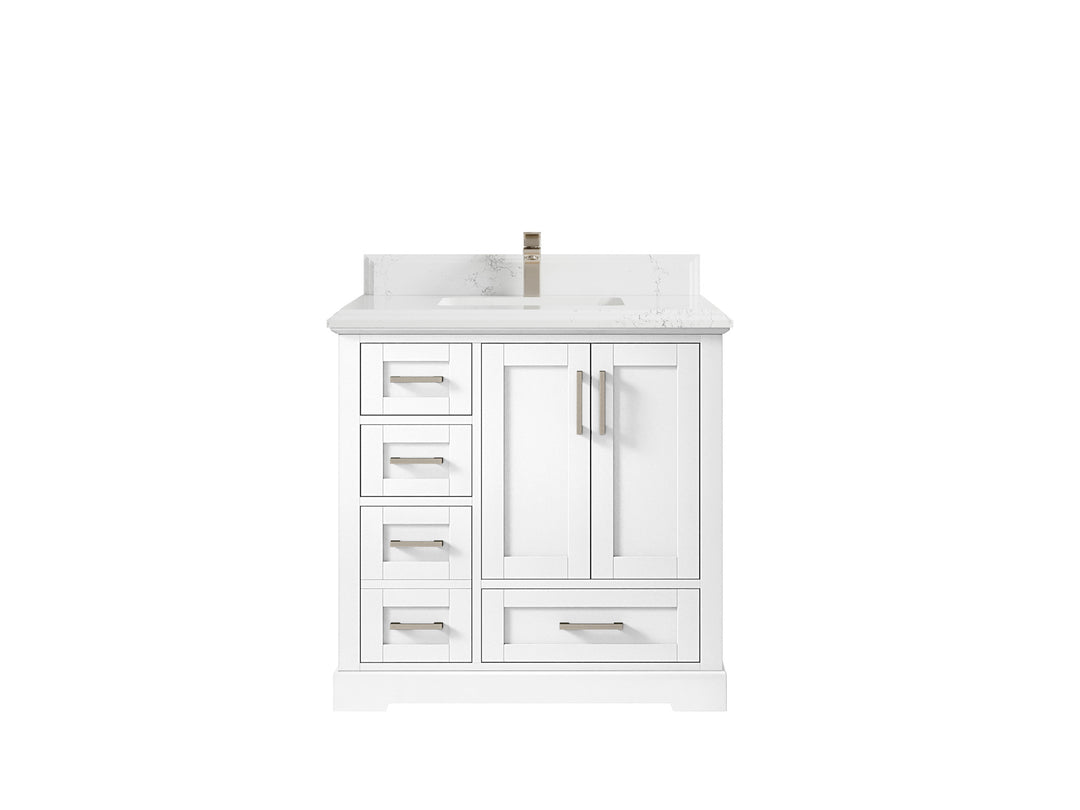 Boston 36 in. W x 22 in. D Single Sink Bathroom Vanity in White with 1.5 in Double Cove Edge Empira White Quartz Countertop