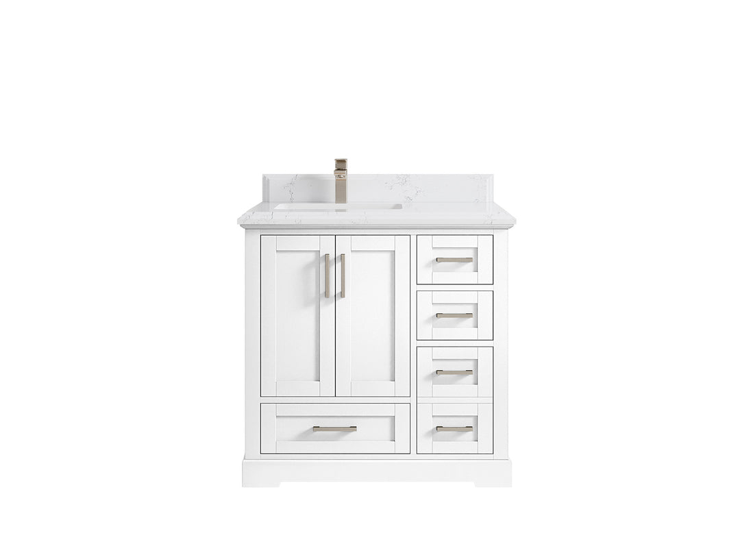Boston 36 in. W x 22 in. D Single Sink Bathroom Vanity in White with 1.5 in Double Cove Edge Empira White Quartz Countertop