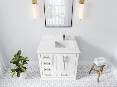 Boston 36 in. W x 22 in. D Single Sink Bathroom Vanity in White with 1.5 in Double Cove Edge Empira White Quartz Countertop