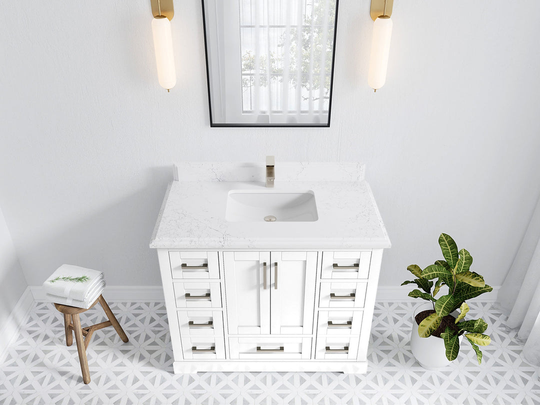 Boston 42 in. W x 22 in. D Single Sink Bathroom Vanity in White with 1.5 in Double Cove Edge Empira White Quartz Countertop - Top View