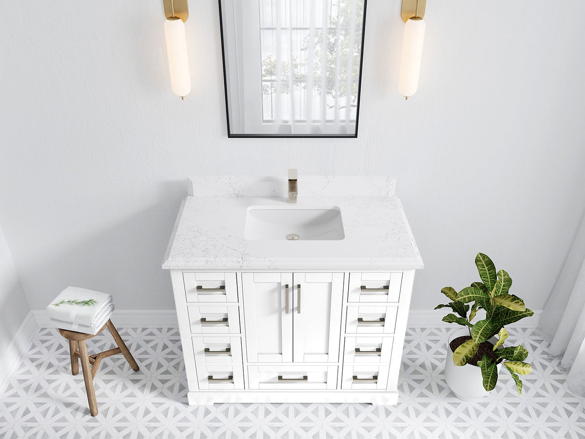Boston 42 in. W x 22 in. D Single Sink Bathroom Vanity in White with 1.5 in Double Cove Edge Empira White Quartz Countertop - Top View