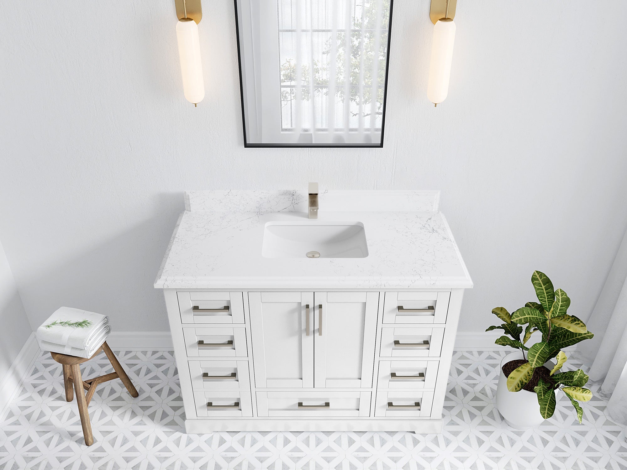 Boston 48 in. W x 22 in. D Single Sink Bathroom Vanity in White with 1.5 in Double Cove Edge Empira White Quartz Countertop - Top View