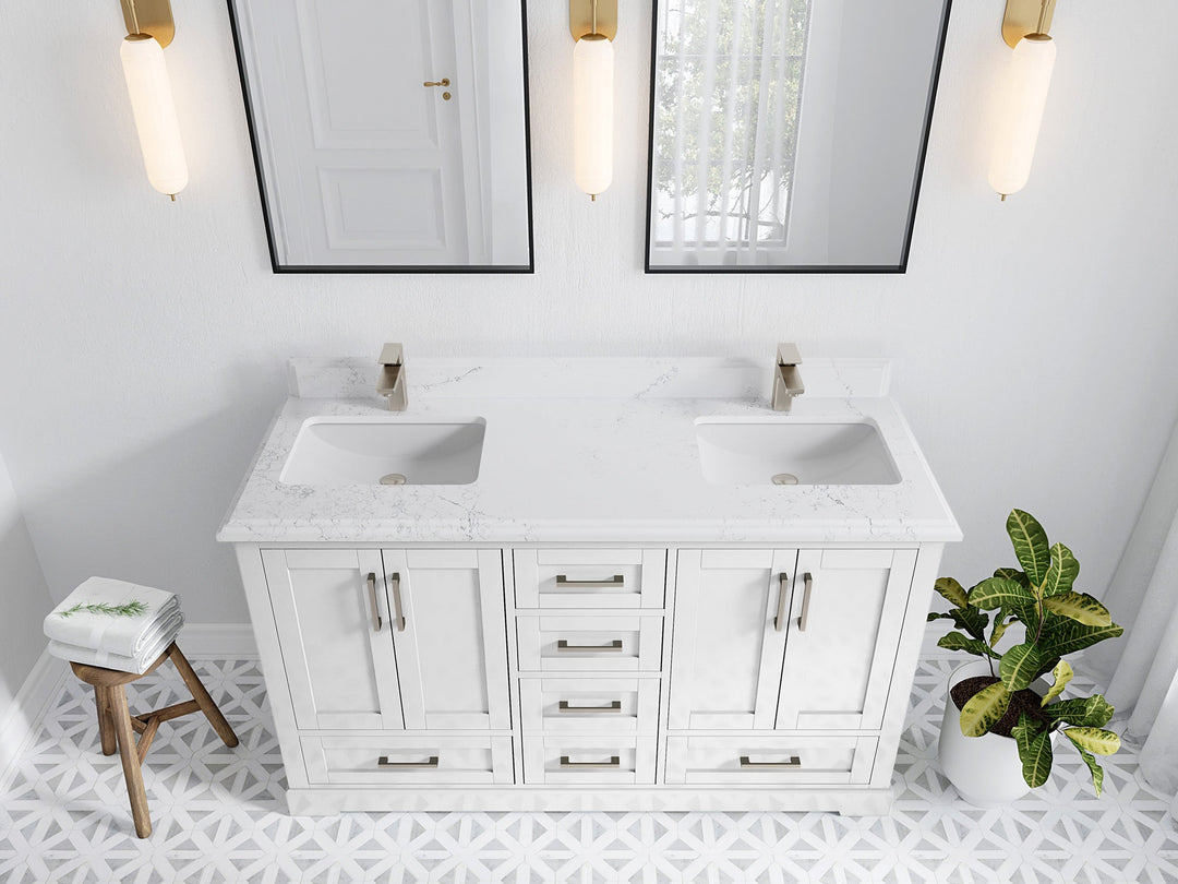 Boston 60 in. W x 22 in. D Double Sink Bathroom Vanity in White with 1.5 in Double Cove Edge Empira White Quartz Countertop - Top View