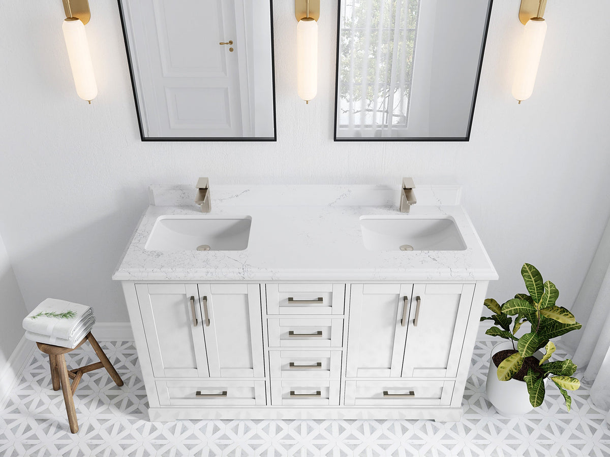 Boston 60 in. W x 22 in. D Double Sink Bathroom Vanity in White with 1.5 in Double Cove Edge Empira White Quartz Countertop - Top View