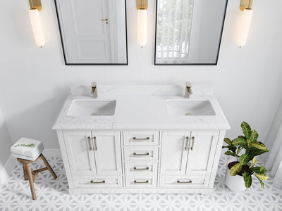 Boston 60 in. W x 22 in. D Double Sink Bathroom Vanity in White with 1.5 in Double Cove Edge Empira White Quartz Countertop - Top View