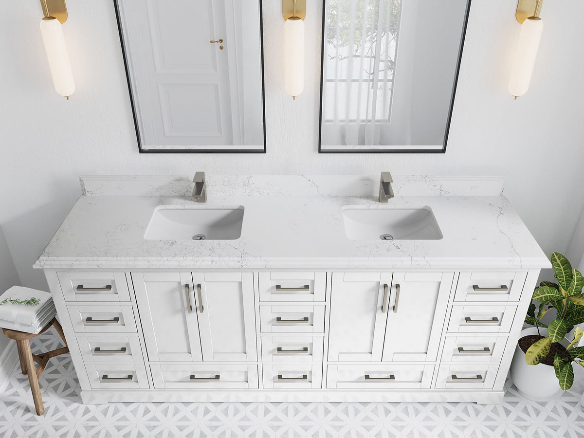 Boston 84 in. W x 22 in. D Double Sink Bathroom Vanity in White with 1.5 in Double Cove Edge Empira White Quartz Countertop - Top View