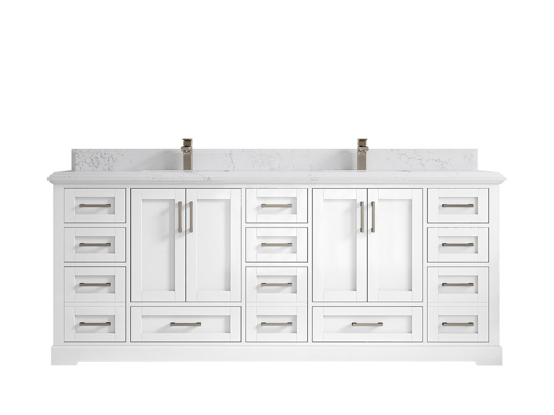 Boston 84 in. W x 22 in. D Double Sink Bathroom Vanity in White with 1.5 in Double Cove Edge Empira White Quartz Countertop