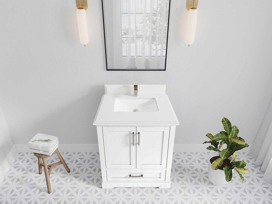 Boston 30 in. W x 22 in. D Single Sink Bathroom Vanity in White with 1.5 in Double Cove Edge White Quartz Countertop - Top View