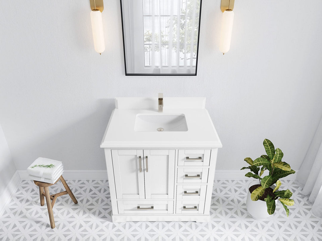 Boston 36 in. W x 22 in. D Single Sink Bathroom Vanity in White with 1.5 in Double Cove Edge White Quartz Countertop - Top View