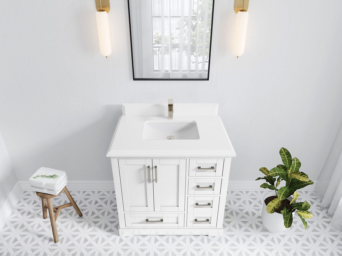 Boston 36 in. W x 22 in. D Single Sink Bathroom Vanity in White with 1.5 in Double Cove Edge White Quartz Countertop - Top View