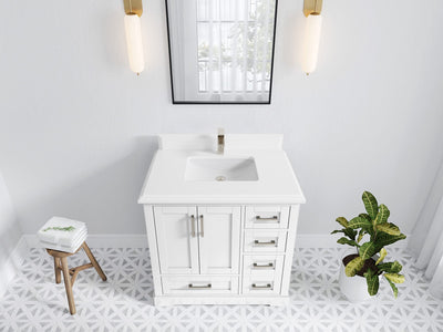 Boston 36 in. W x 22 in. D Single Sink Bathroom Vanity in White with 1.5 in Double Cove Edge White Quartz Countertop - Top View