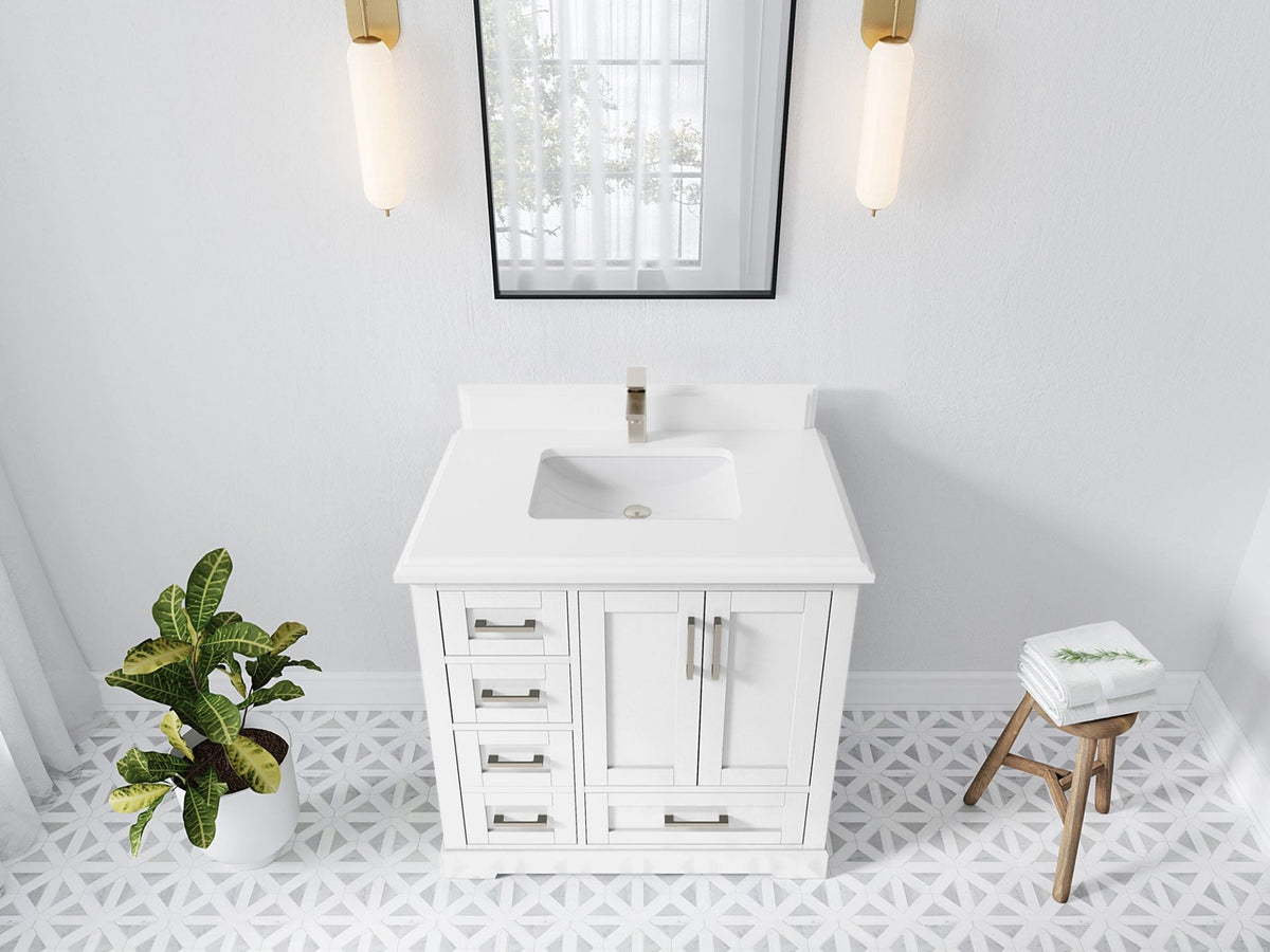 Boston 36 in. W x 22 in. D Single Sink Bathroom Vanity in White with 1.5 in Double Cove Edge White Quartz Countertop - Top View