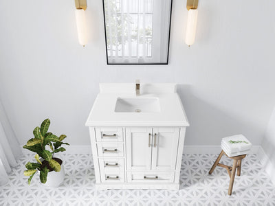 Boston 36 in. W x 22 in. D Single Sink Bathroom Vanity in White with 1.5 in Double Cove Edge White Quartz Countertop - Top View