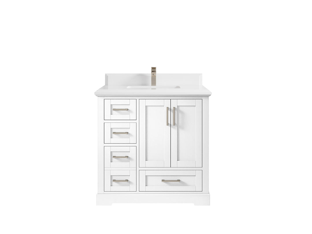 Boston 36 in. W x 22 in. D Single Sink Bathroom Vanity in White with 1.5 in Double Cove Edge White Quartz Countertop