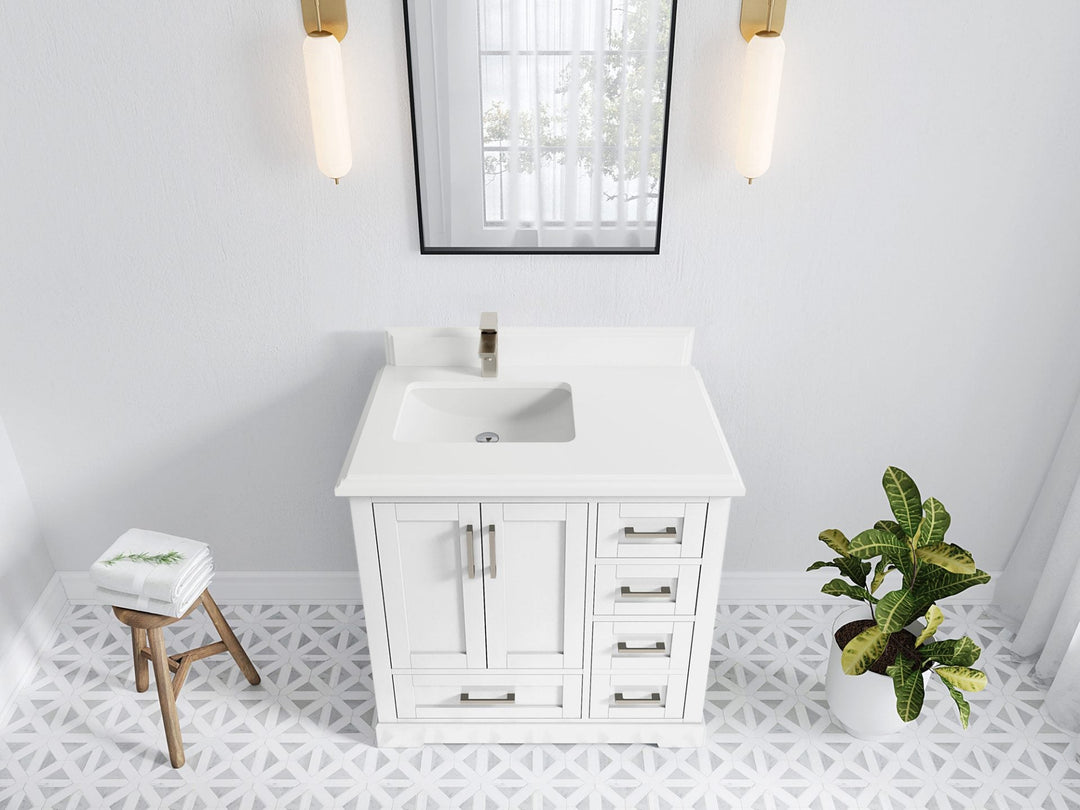 Boston 36 in. W x 22 in. D Single Sink Bathroom Vanity in White with 1.5 in Double Cove Edge White Quartz - Top View