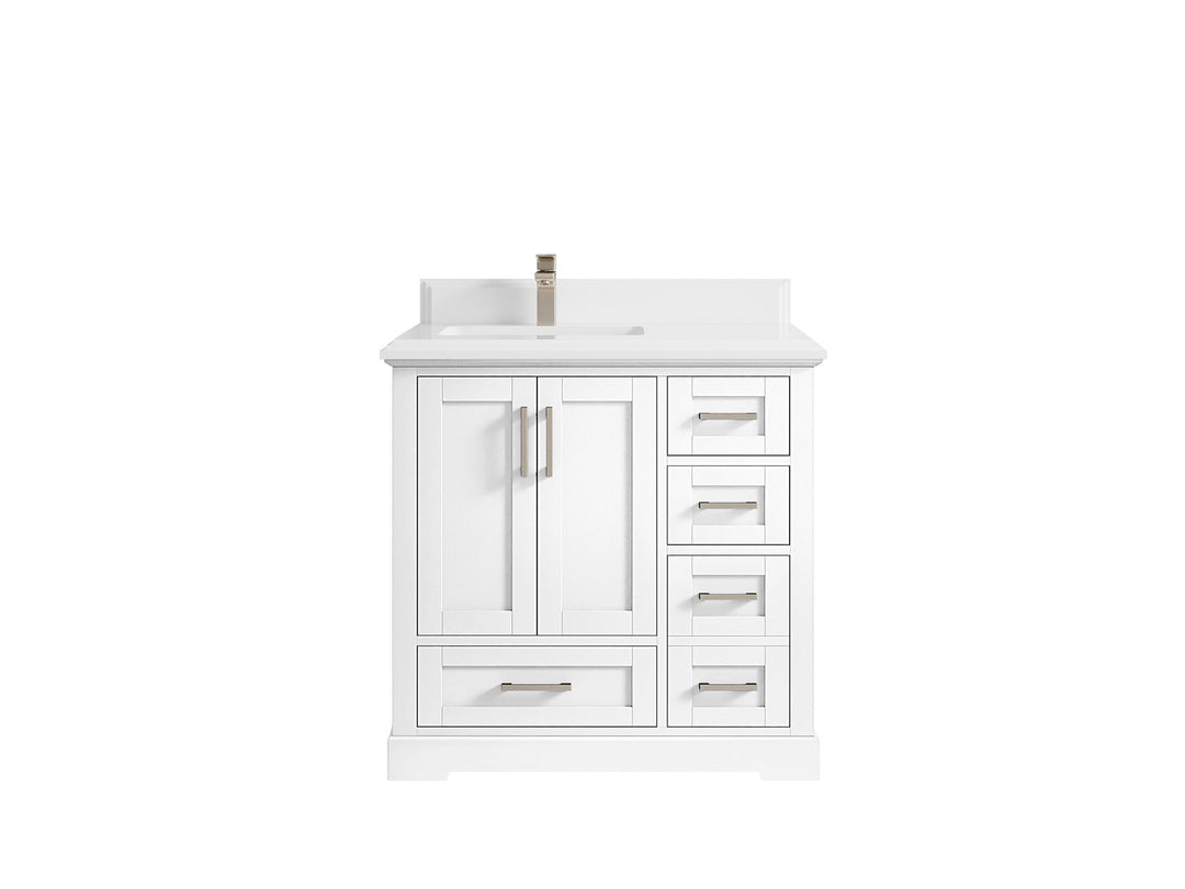 Boston 36 in. W x 22 in. D Single Sink Bathroom Vanity in White with 1.5 in Double Cove Edge White Quartz Countertop