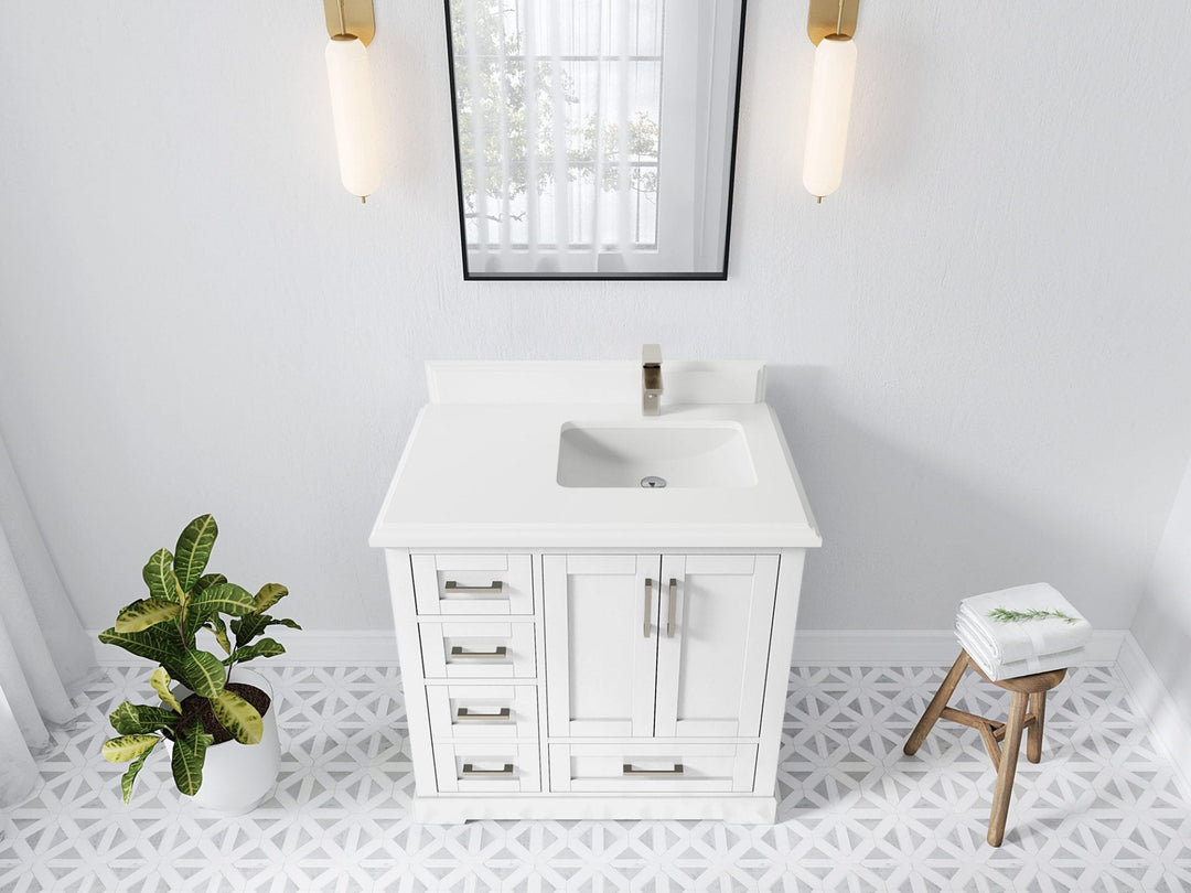 Boston 36 in. W x 22 in. D Single Sink Bathroom Vanity in White with 1.5 in Double Cove Edge White Quartz Countertop - Top View