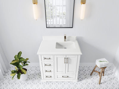 Boston 36 in. W x 22 in. D Single Sink Bathroom Vanity in White with 1.5 in Double Cove Edge White Quartz Countertop