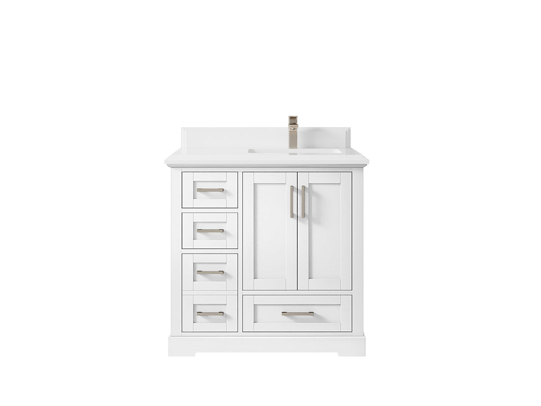 Boston 36 in. W x 22 in. D Single Sink Bathroom Vanity in White with 1.5 in Double Cove Edge White Quartz Countertop
